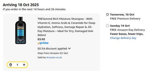 Screenshot showing TRESemmé Shampoo 900ml for £3.02 at Amazon