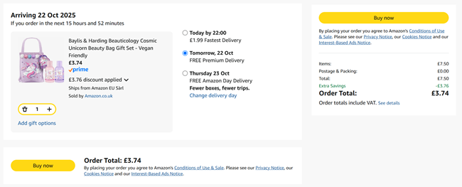 Screenshot showing Baylis & Harding Beauticology Cosmic Unicorn Beauty Bag Gift Set for £3.74 at Amazon