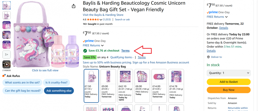 Screenshot showing Baylis & Harding Beauticology Cosmic Unicorn Beauty Bag Gift Set at Amazon