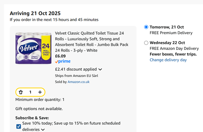 Screenshot showing Velvet Classic Quilted Toilet Tissue 24 Rolls for £6.09 at Amazon