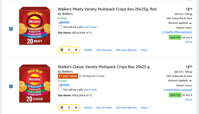 Screenshot showing Walkers Classic Variety Multipack Crisps Box 20x25g for £2.70 at Amazon