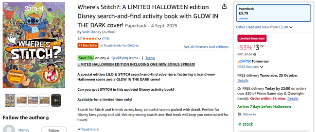 Screenshot showing Where's Stitch?: Halloween Edition Disney Search-And-Find Activity Book for £3.79 at Amazon
