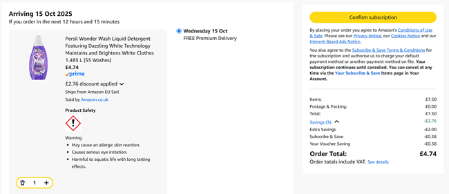 Screenshot showing Persil Wonder Wash Liquid Detergent 1.485 L (55 Washes) for £4.74 at Amazon