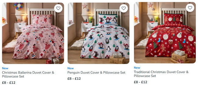 Screenshot showing Kids Christmas Bedding from £8 at Dunelm