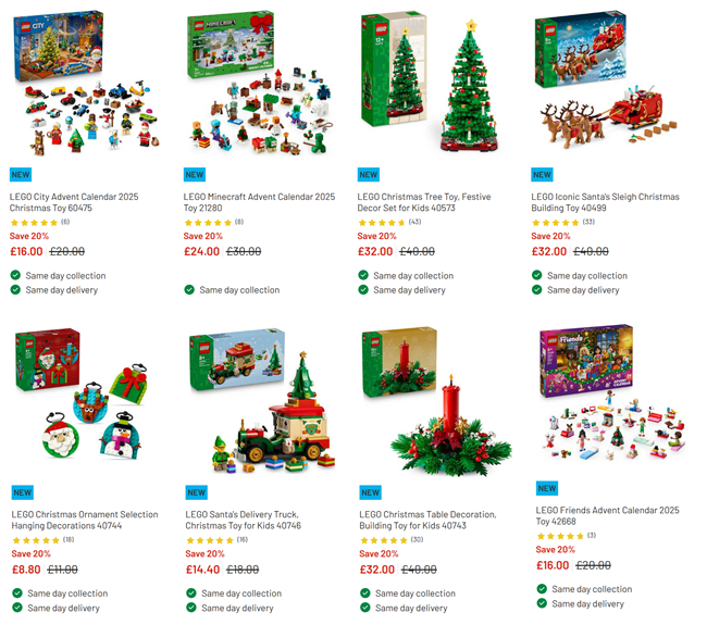Screenshot showing 20% Off Christmas LEGO Sets at Argos