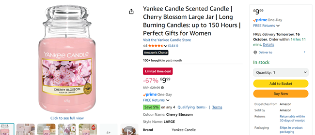 Screenshot showing Yankee Candle Scented Candle Cherry Blossom Large Jar for £9.99 at Amazon