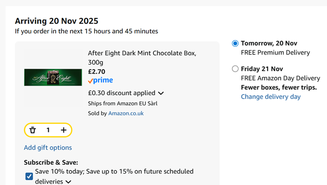 Screenshot showing After Eight Dark Mint Chocolate Box 300g for £2.70 at Amazon