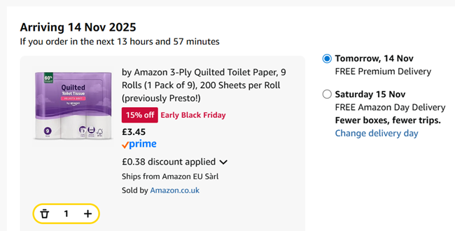 Screenshot showing by Amazon 3-Ply Quilted Toilet Paper 9 Rolls for £3.45 at Amazon