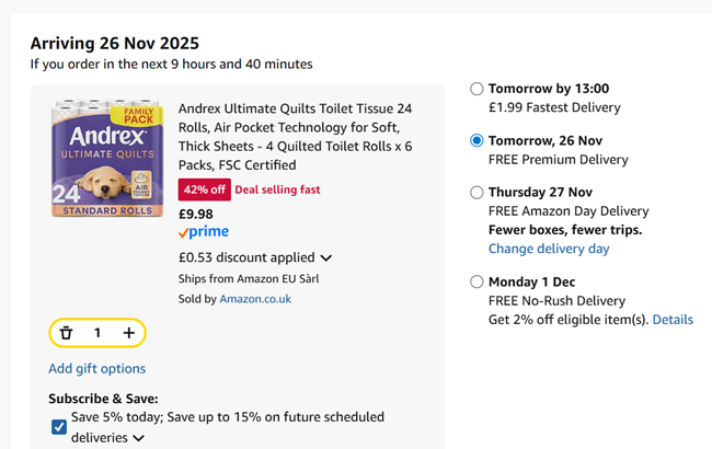 Screenshot showing Andrex Ultimate Quilts Toilet Tissue 24 Rolls for £9.98 at Amazon
