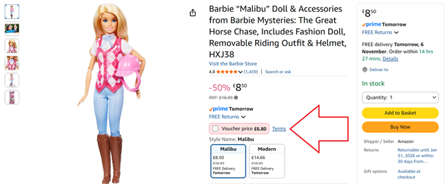 Screenshot showing Barbie Malibu Doll & Accessories from Barbie Mysteries: The Great Horse Chase at Amazon