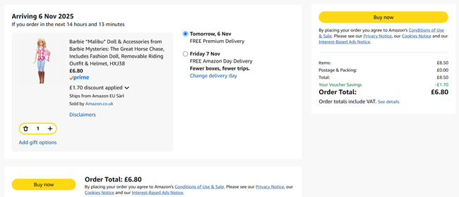 Screenshot showing Barbie Malibu Doll & Accessories from Barbie Mysteries: The Great Horse Chase for £6.80 at Amazon