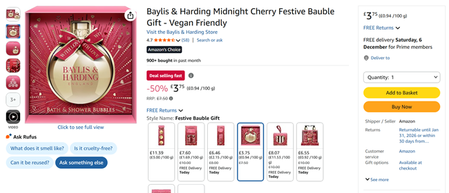 Screenshot showing Baylis & Harding Midnight Cherry Festive Bauble Gift for £3.75 at Amazon