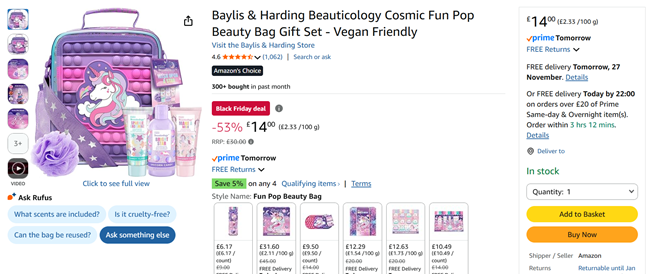 Screenshot showing Baylis & Harding Beauticology Cosmic Fun Pop Beauty Bag Gift Set for £14 at Amazon
