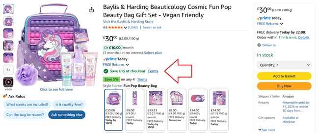 Screenshot showing Baylis & Harding Beauticology Cosmic Fun Pop Beauty Bag Gift Set at Amazon