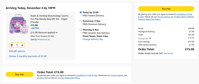 Screenshot showing Baylis & Harding Beauticology Cosmic Fun Pop Beauty Bag Gift Set for £15 at Amazon