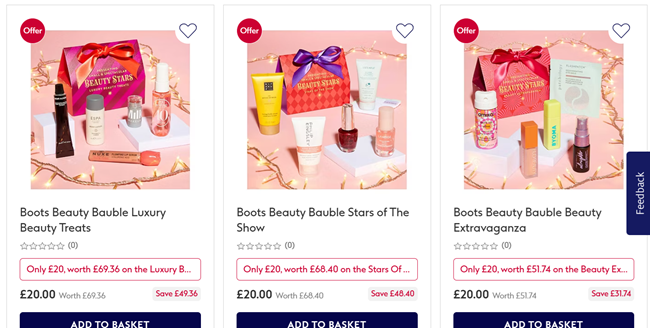 Screenshot showing Limited Edition Boots Beauty Baubles for £20 each at Boots