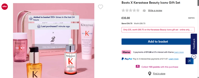 Screenshot showing Boots X Kerastase Beauty Icons Gift Set for £35 with free delivery at Boots