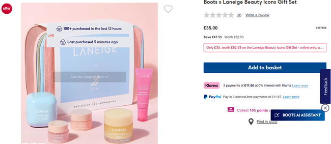 Screenshot showing Boots x Laneige Beauty Icons Gift Set for £35 at Boots