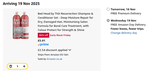 Screenshot showing Bed Head by TIGI Resurrection Shampoo & Conditioner 750ml Set for £5.91 at Amazon