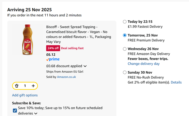 Screenshot showing Lotus Biscoff Squeezy Topping 1kg for £6.12 at Amazon