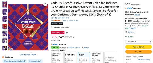 Screenshot showing Cadbury Dairy Milk Biscoff Advent Calendar for £4.28 at Amazon