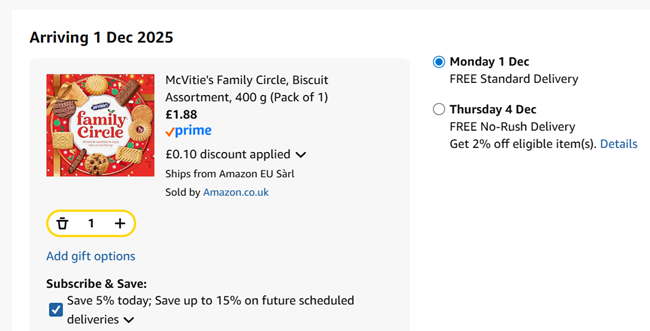 Screenshot showing McVitie's Family Circle Biscuit Assortment 400 g for £1.88 at Amazon