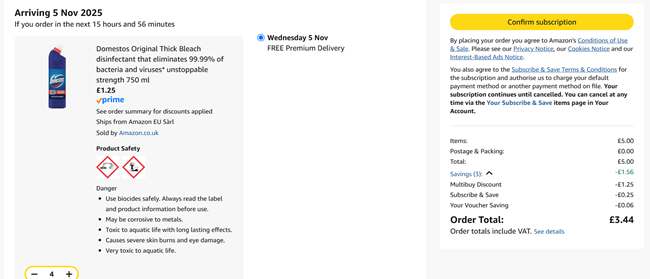 Screenshot showing Domestos Original Thick Bleach 750ml 4 for £3.44 at Amazon