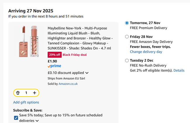 Screenshot showing Maybelline New-York Multi-Purpose Illuminating Liquid Blush for £1.90 at Amazon