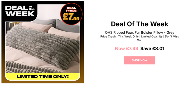 Screenshot showing Ribbed Faux Fur Bolster Pillow Grey for £7.99 at Online Home Shop