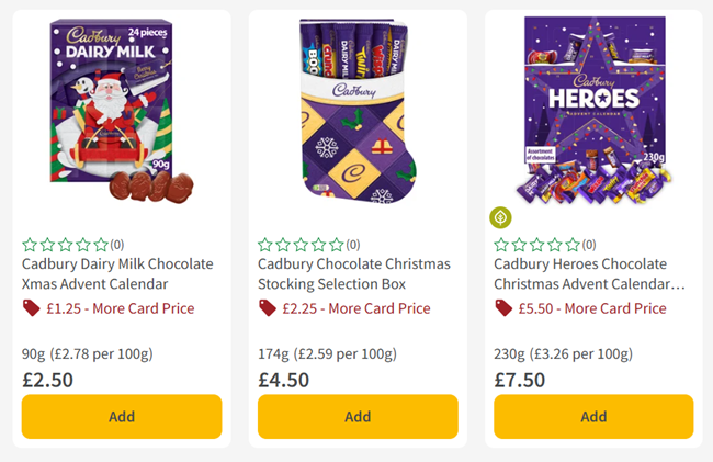 Screenshot showing Cadbury Christmas Stocking and Advent Calendar offers at Morrisons