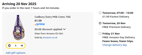 Screenshot showing Cadbury Dairy Milk Coins 70G for £1.59 at Amazon