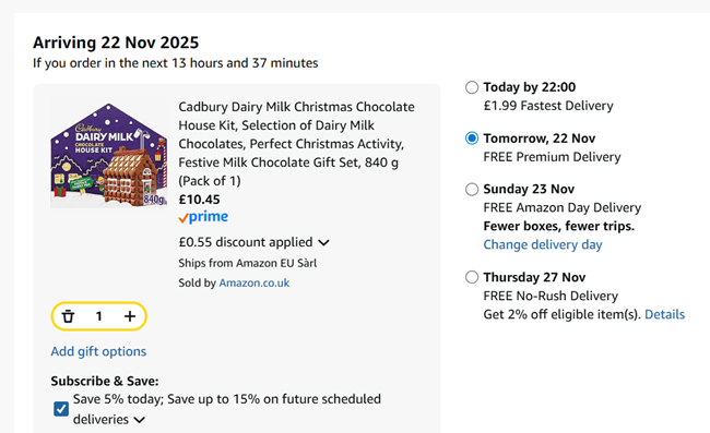 Screenshot showing Cadbury Dairy Milk Christmas Chocolate House Kit for £10.45 at Amazon