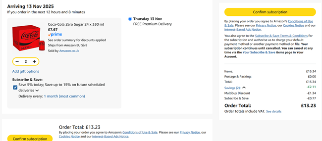 Screenshot showing Coca Cola Zero Sugar 48 x 330ml for £13.23 at Amazon