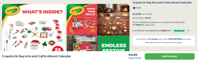 Screenshot showing Crayola 24-Day Arts and Crafts Advent Calendar for £12.99 at Bargain Max