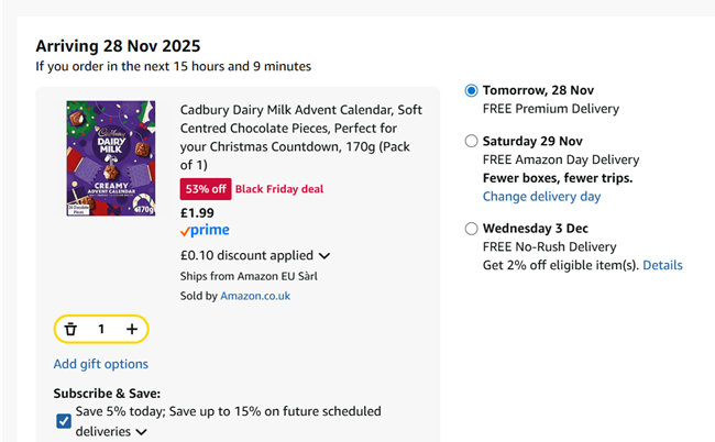 Screenshot showing Cadbury Dairy Milk Creamy Advent Calendar for £1.99 at Amazon