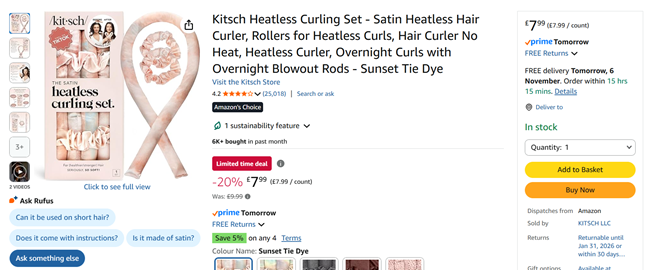 Screenshot showing Kitsch Satin Heatless Curling Set for £7.99 at Amazon seller KITSCH LLC