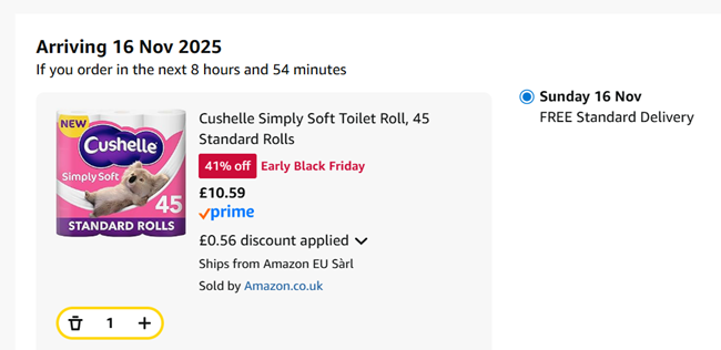 Screenshot showing Cushelle Simply Soft Toilet Roll, 45 Standard Rolls for £10.59 at Amazon