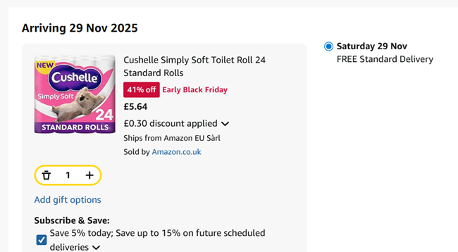 Screenshot showing Cushelle Simply Soft Toilet Roll 24 Standard Rolls for £5.64 at Amazon