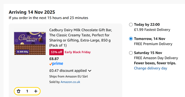 Screenshot showing Cadbury Dairy Milk Chocolate Gift Bar 850g for £8.87 at Amazon