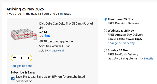 Screenshot showing Diet Coke 330ml Pack of 24 for £7.12 at Amazon