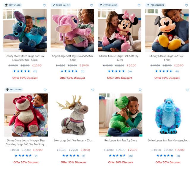 Screenshot showing selected Large Disney Soft Toys for £20 at Disney Store