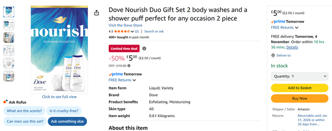 Screenshot showing Dove Nourish Duo Gift Set for £5 at Amazon