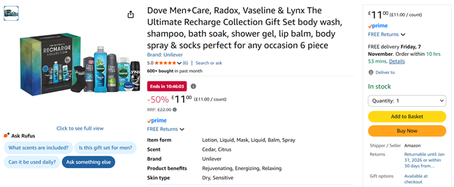 Screenshot showing Dove Men+Care, Radox, Vaseline & Lynx The Ultimate Recharge Collection Gift Set for £11 at Amazon