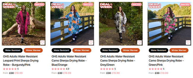 Screenshot showing Water Resistant Sherpa Drying Robe weekly deals at Online Home Shop