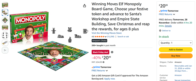 Screenshot showing Elf Monopoly Board Game for £20.99 at Amazon