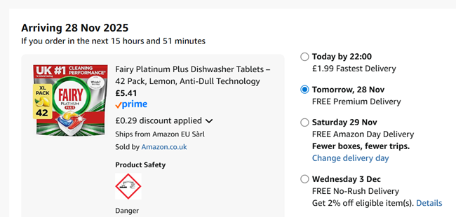 Screenshot showing Fairy Platinum Plus Lemon Dishwasher Tablets 42 Pack for £5.41 at Amazon