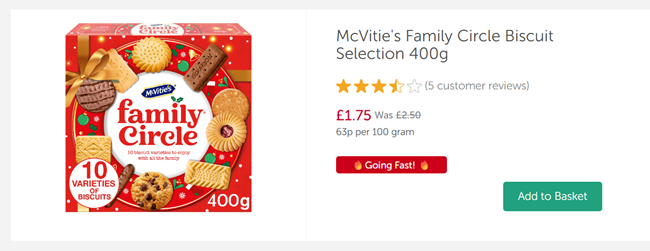 Screenshot showing McVitie's Family Circle Biscuit Selection 400g for £1.75 at Iceland
