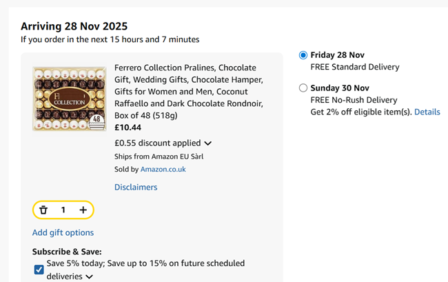 Screenshot showing Ferrero Collection Pralines Box of 48 (518g) for £10.44 at Amazon