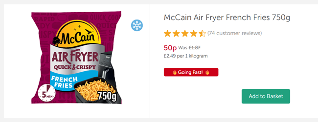 Screenshot showing McCain Air Fryer French Fries 750g for 50p at Iceland