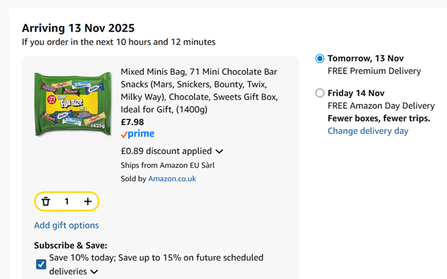 Screenshot showing 71 Fun Size Chocolate Bars, Mars, Twix, MilkyWay, Snickers & Bounty 1.4kg for £7.98 at Amazon